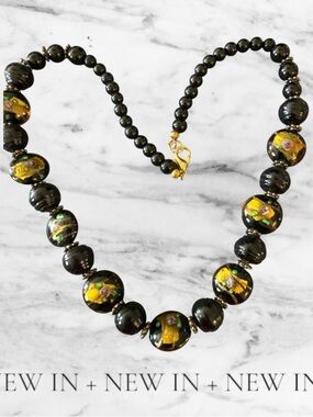Vintage Murano Style Lampwork Glass Necklace Black Gold Foil Floral Beads Statem